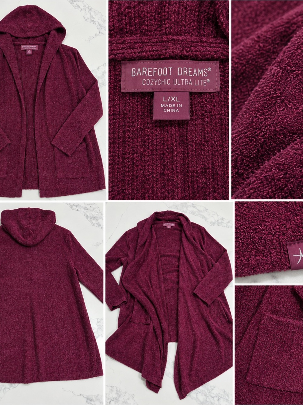 Barefoot Dreams CozyChic Ultra Lite Hooded Cardigan L/XL Berry Plum